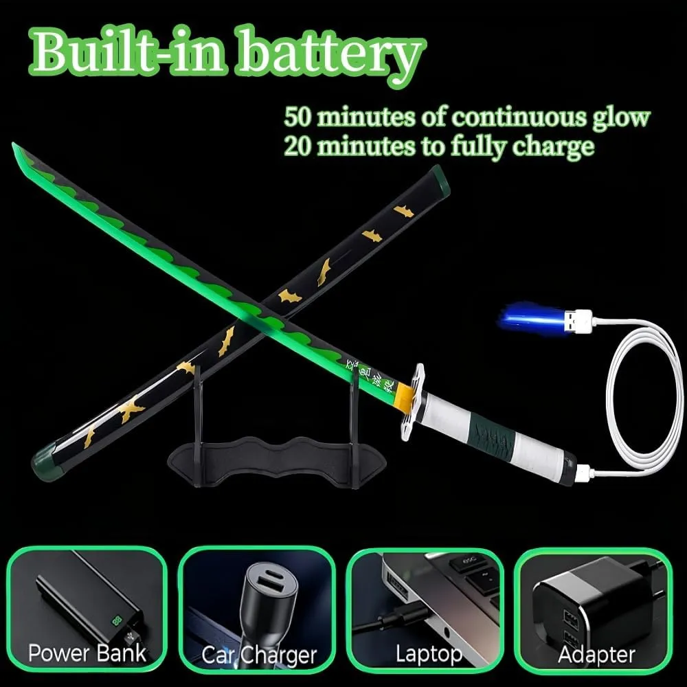 Demon Katana Sword, Light Up Sword, 41 Inches Rechargeable, with Display Stand and Belt, Suitable for sanemi Cosplay and Collection, Anime Original Texture.