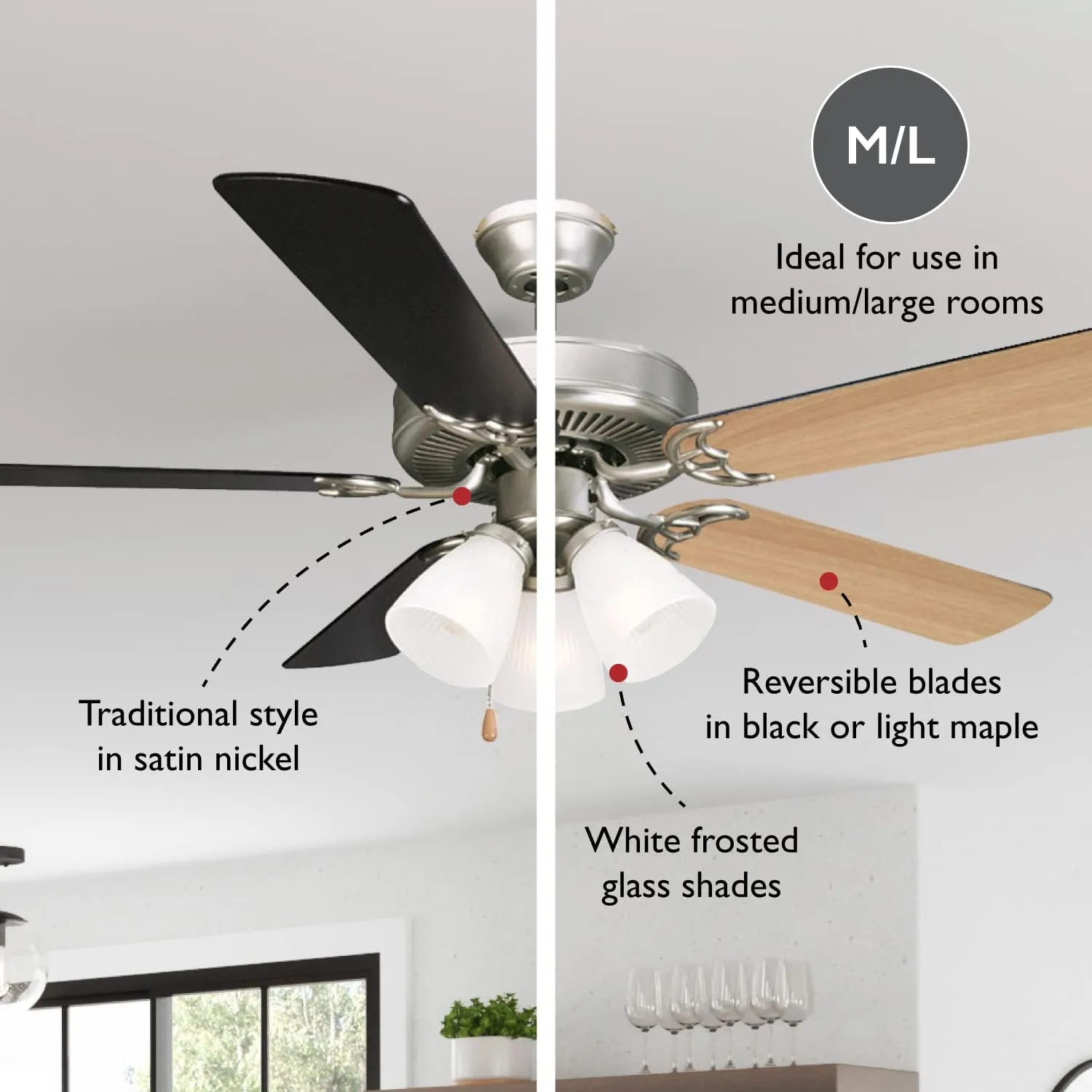 Design House 157370 Millbridge 52-Inch Traditional Indoor Ceiling Fan with LED Light Kit, Reversible Blades, Satin Nickel