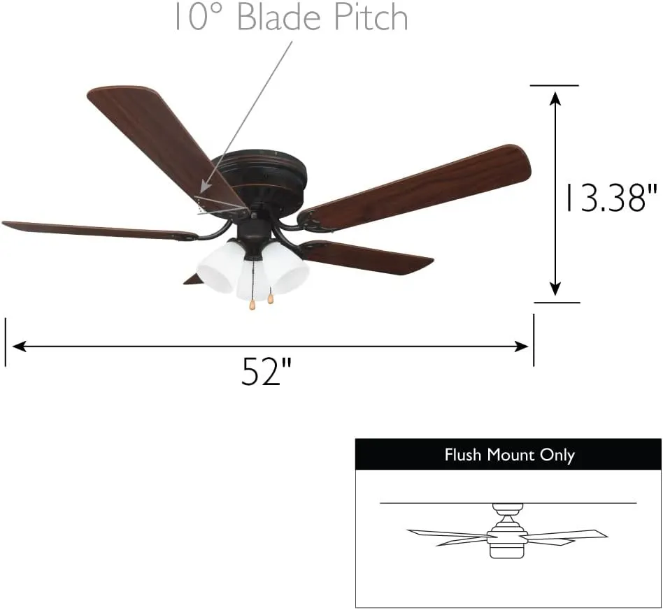 Design House 157388-ORB Millbridge 52-Inch Traditional 3-Speed, 5-Blade LED Indoor Hugger/Low Profile Ceiling Fan with LED Light Kit, Reversible Blades, Reverse Airflow, Oil Rubbed Bronze