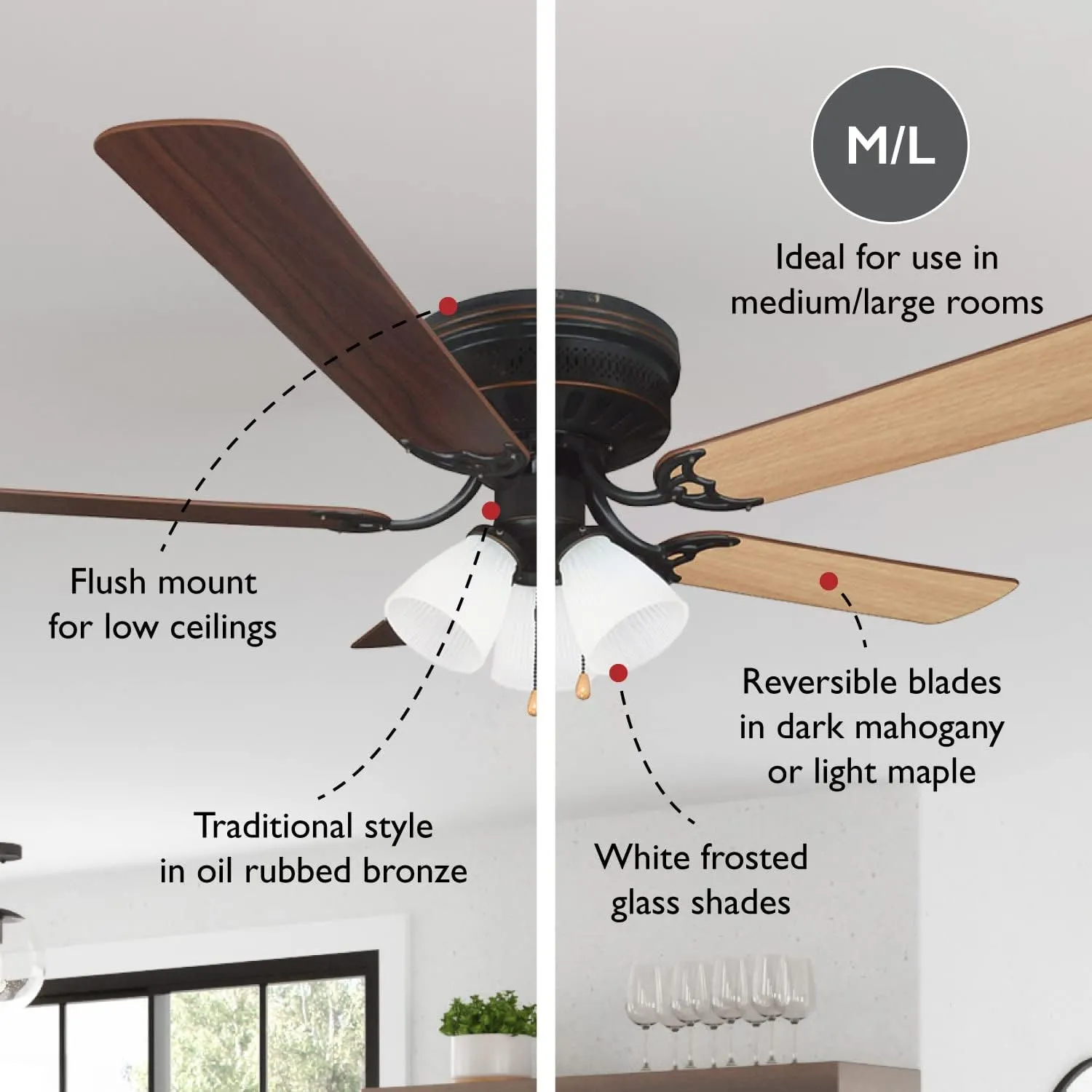 Design House 157388-ORB Millbridge 52-Inch Traditional 3-Speed, 5-Blade LED Indoor Hugger/Low Profile Ceiling Fan with LED Light Kit, Reversible Blades, Reverse Airflow, Oil Rubbed Bronze