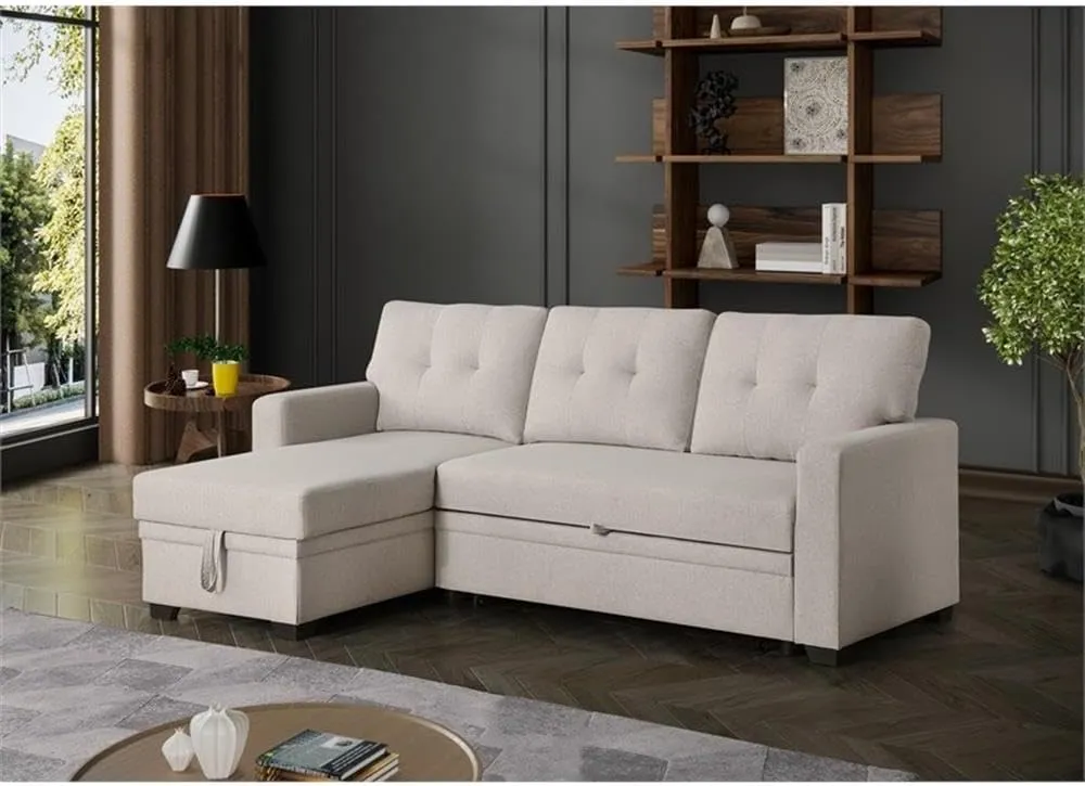Devion Furniture L-Shaped Polyester Fabric Reversible, Easy Convertible Pull-Out Sleeper Sectional Sofa/Storage Chaise with Tufted Back Cushions and Track Arms in Beige