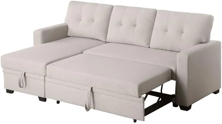 Devion Furniture L-Shaped Polyester Fabric Reversible, Easy Convertible Pull-Out Sleeper Sectional Sofa/Storage Chaise with Tufted Back Cushions and Track Arms in Beige