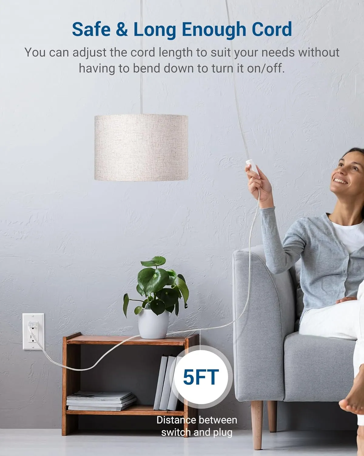 DEWENWILS Plug in Pendant Light, Hanging Light with 15Ft Clear Cord, On/Off Switch, Beige Linen Shade, Hanging Light Fixture for Bedroom, Kitchen, Living Room, Dining Table