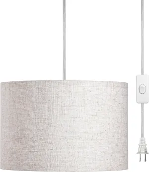 DEWENWILS Plug in Pendant Light, Hanging Light with 15Ft Clear Cord, On/Off Switch, Beige Linen Shade, Hanging Light Fixture for Bedroom, Kitchen, Living Room, Dining Table