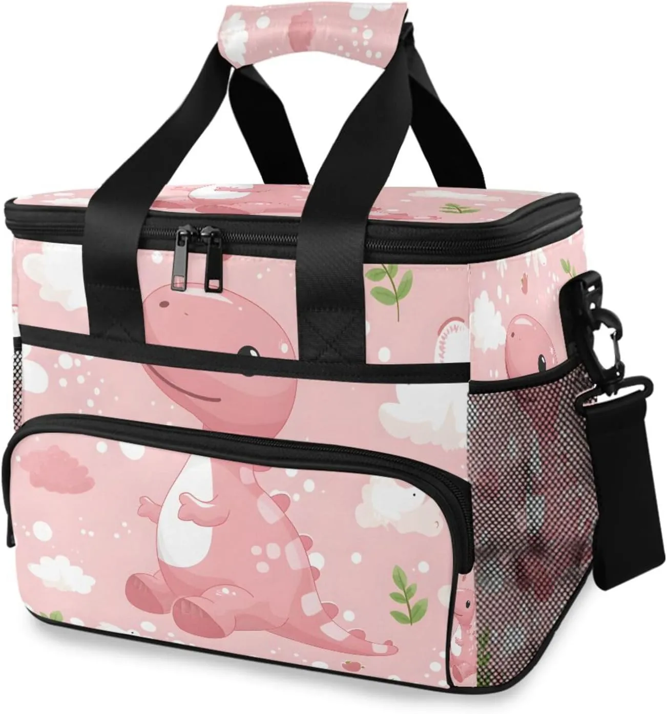 Dinosaur White Daisy Pink Cooler Bag Insulated Cooler Soft Sided Cooler 24 Can Portable Picnic Bag Large Leakproof Lunch Bag Box for Beach Grocery Camping Travel Car Men Women