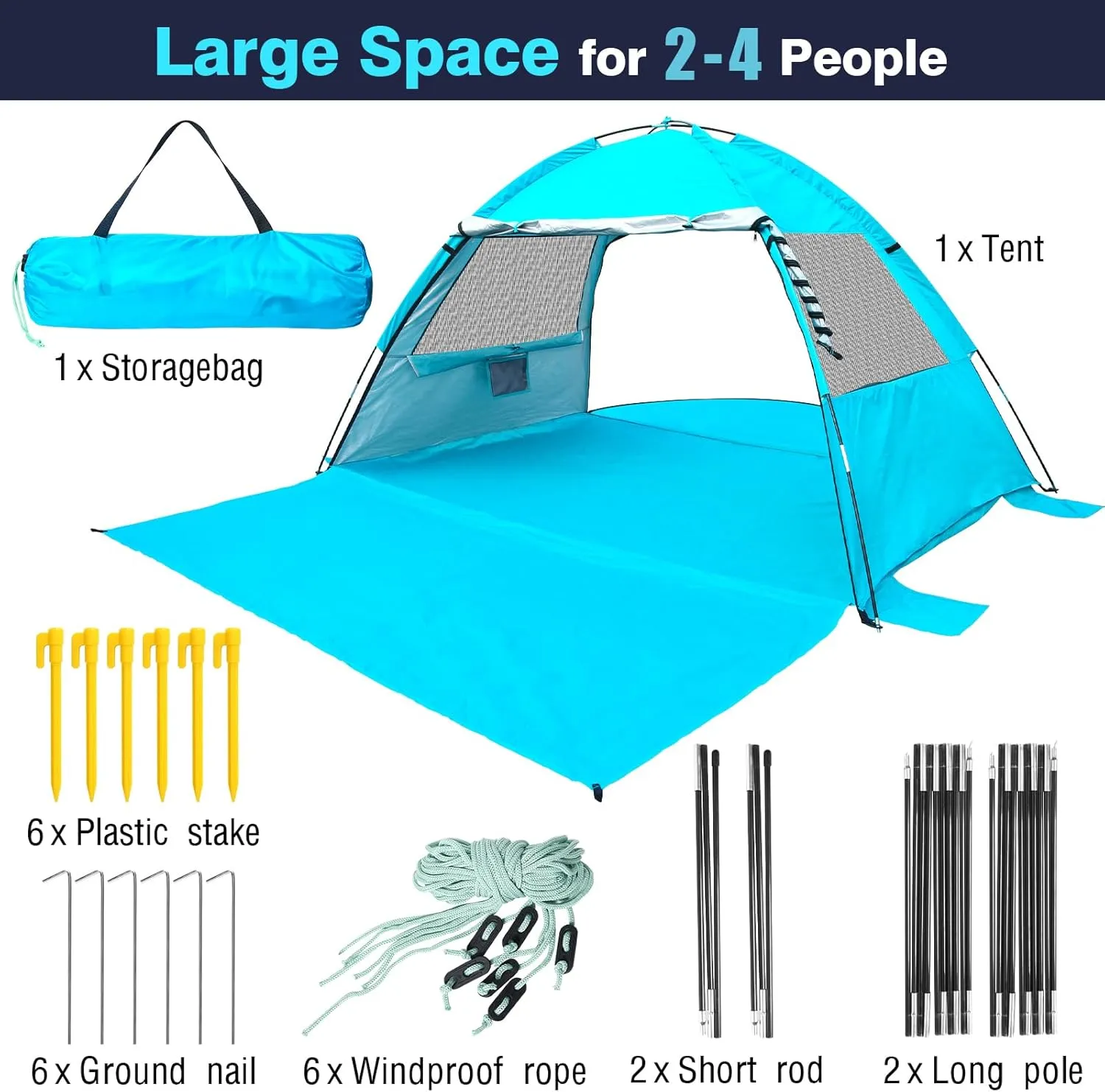 DLUCKY Beach Tent for 1/2/3/4/5/6 Person,Anti-UV Portable Sun Shade ShelterUPF 50 ,Both Sides Extendable Floor,Extendable Awning,with 2 Ventilating Mesh Windows,Lightweight & Easy Setup.