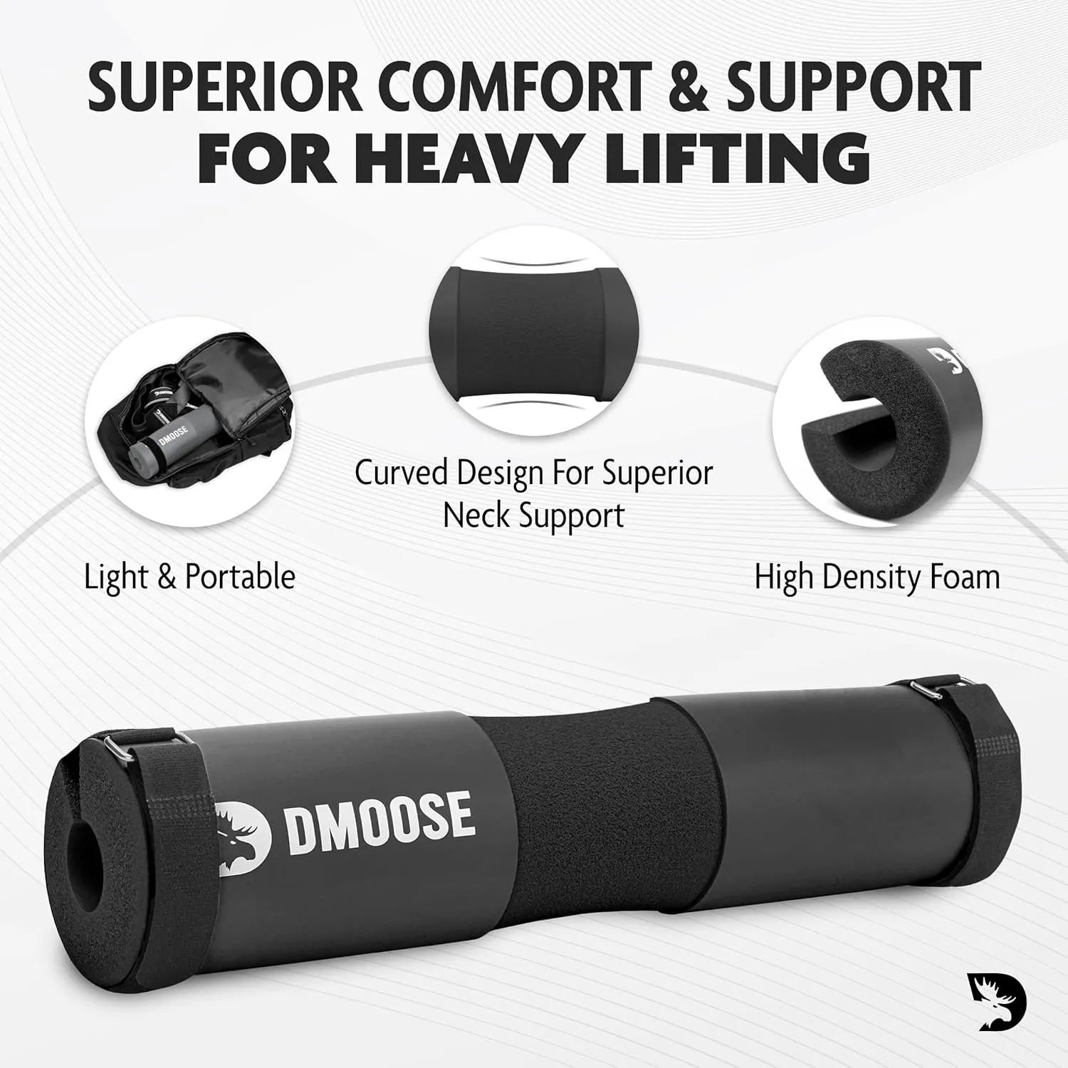 DMoose Fitness Barbell Pad for Hip Thrust, Squat & Lunges - Non-Slip Thick Foam Cushion for Neck and Back Support with Two Straps - Hip Thrust Pad for Leg Day - Fits All Olympic Bars and Smith Machine
