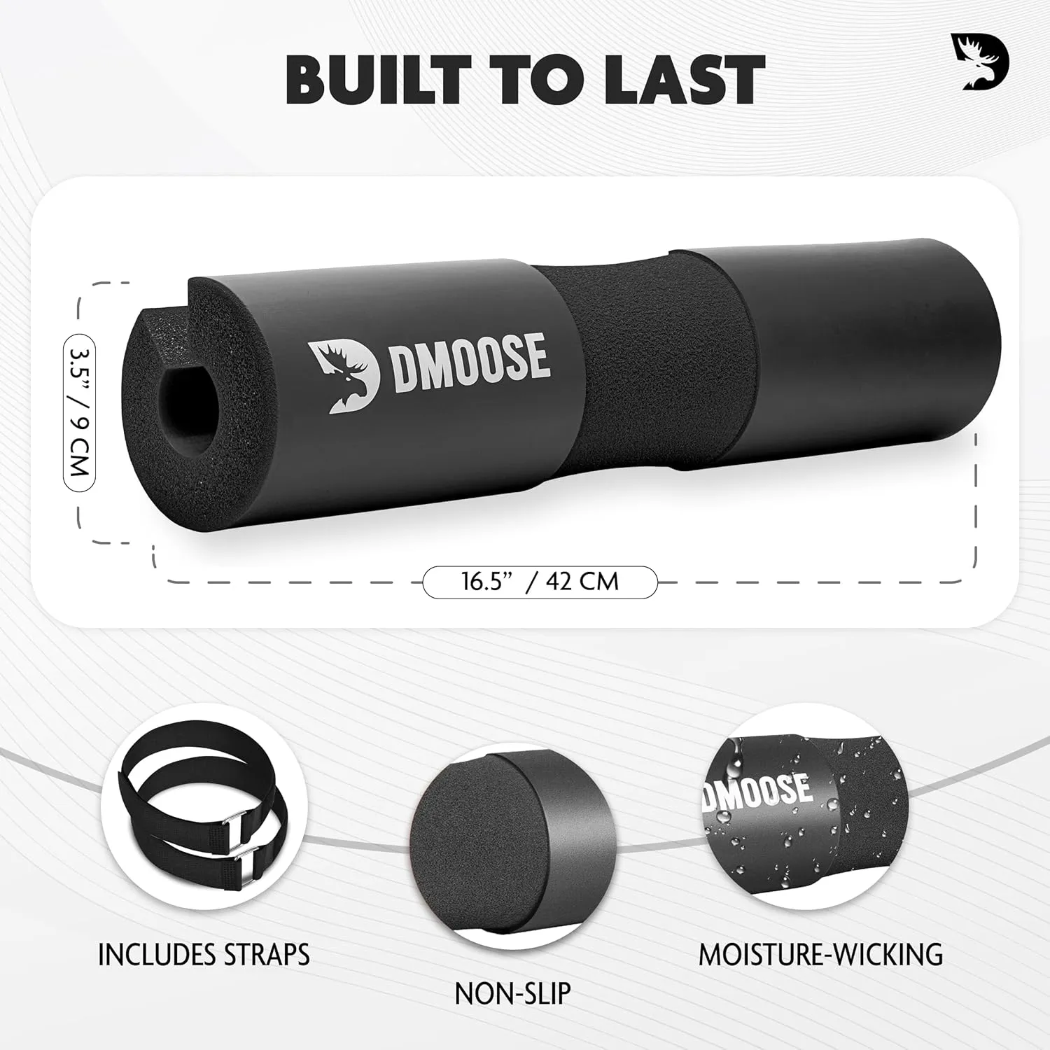 DMoose Fitness Barbell Pad for Hip Thrust, Squat & Lunges - Non-Slip Thick Foam Cushion for Neck and Back Support with Two Straps - Hip Thrust Pad for Leg Day - Fits All Olympic Bars and Smith Machine