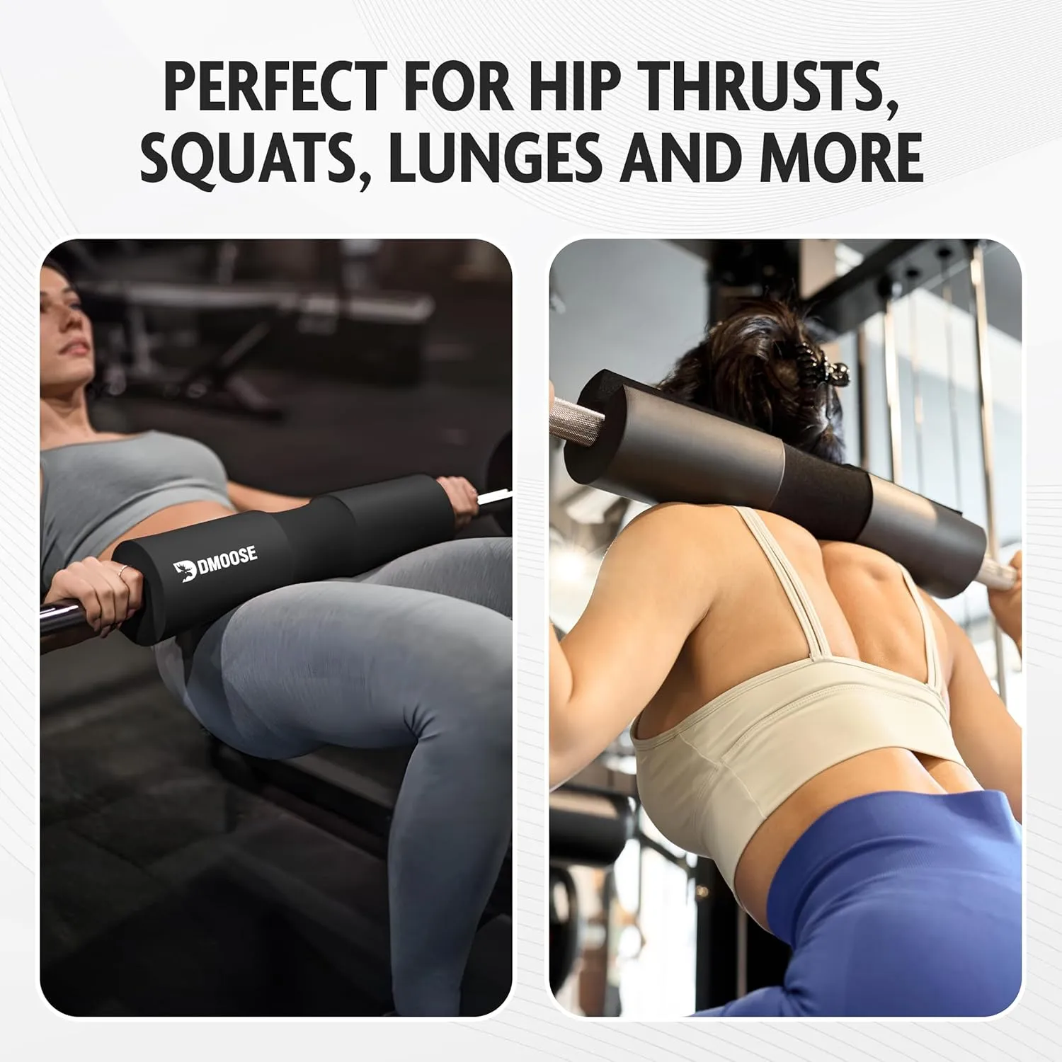 DMoose Fitness Barbell Pad for Hip Thrust, Squat & Lunges - Non-Slip Thick Foam Cushion for Neck and Back Support with Two Straps - Hip Thrust Pad for Leg Day - Fits All Olympic Bars and Smith Machine