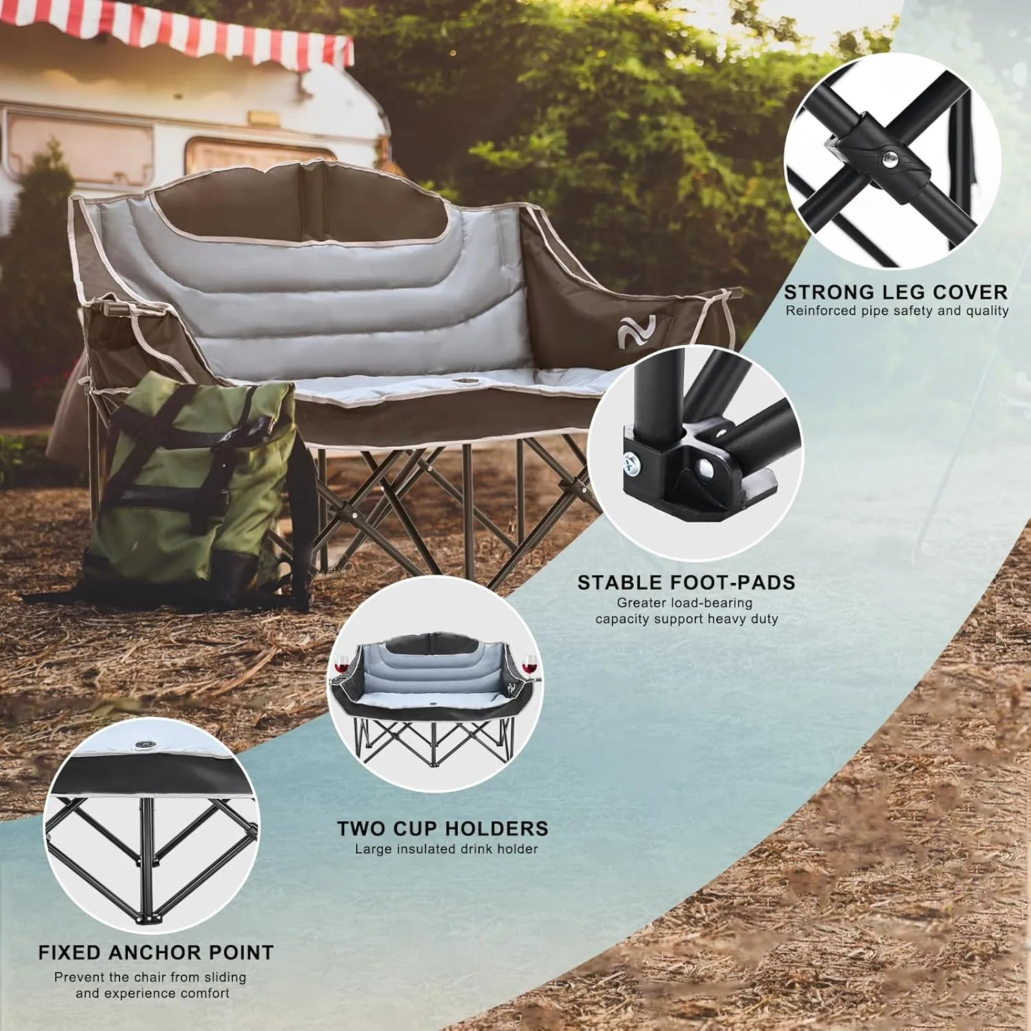 DoCred Double Camping Chair - Oversized Loveseat, 2 Person Camping Chair for Adults Heavy Duty,Two Person Folding Chair with Cup Holder, Supports up to 600 LBS for Outside Picnic Beach Travel