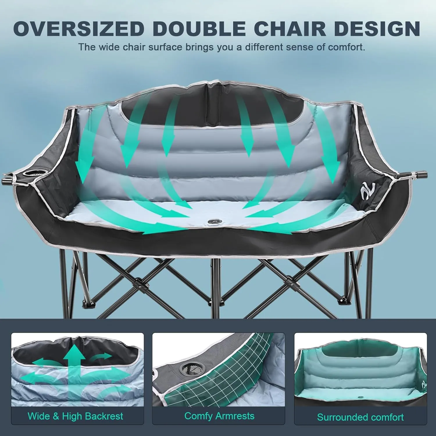 DoCred Double Camping Chair - Oversized Loveseat, 2 Person Camping Chair for Adults Heavy Duty,Two Person Folding Chair with Cup Holder, Supports up to 600 LBS for Outside Picnic Beach Travel