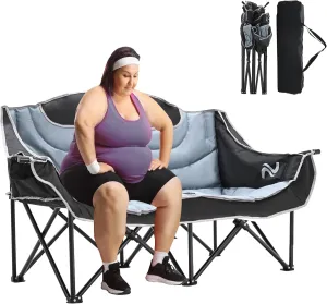 DoCred Double Camping Chair - Oversized Loveseat, 2 Person Camping Chair for Adults Heavy Duty,Two Person Folding Chair with Cup Holder, Supports up to 600 LBS for Outside Picnic Beach Travel