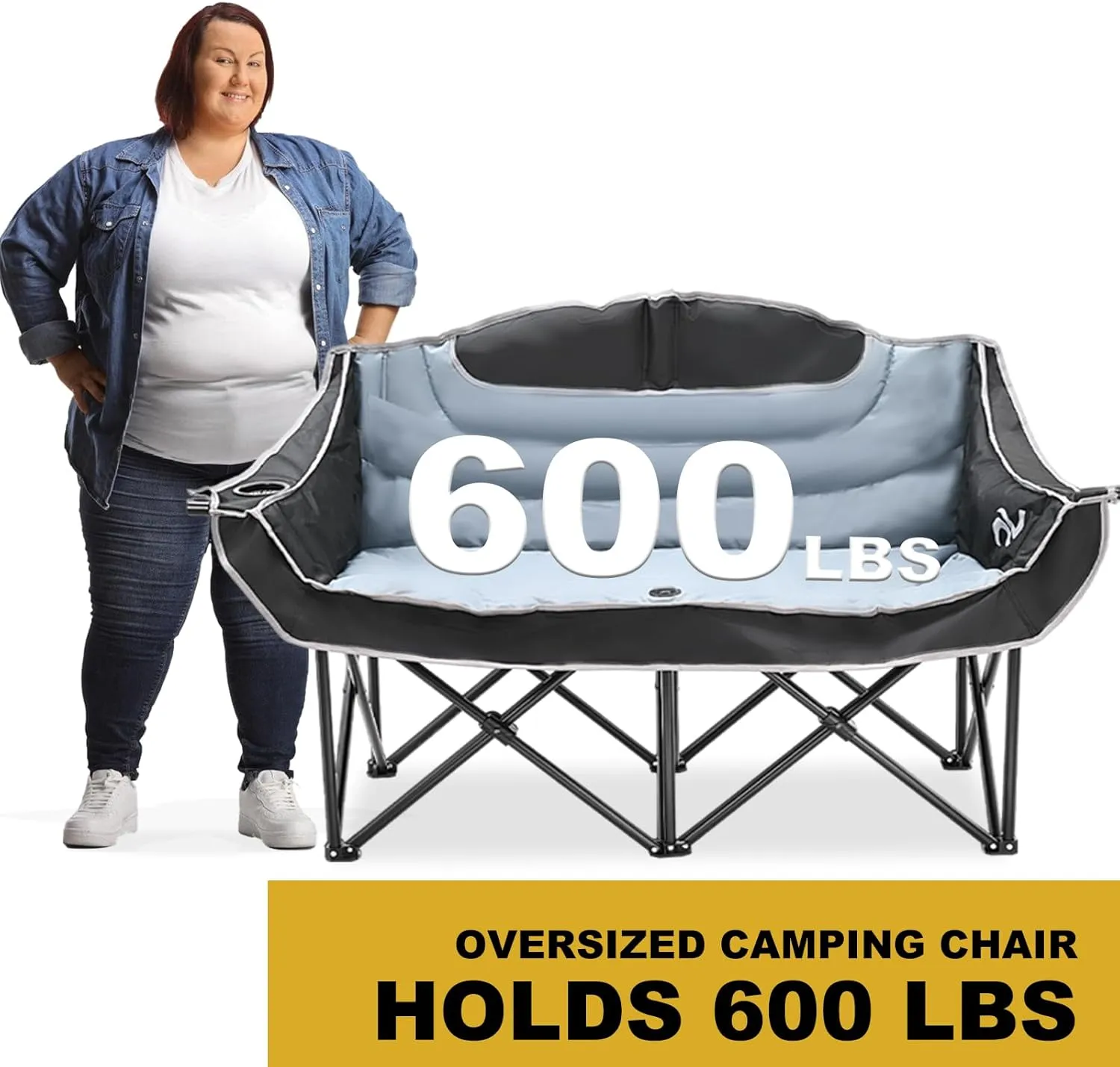 DoCred Double Camping Chair - Oversized Loveseat, 2 Person Camping Chair for Adults Heavy Duty,Two Person Folding Chair with Cup Holder, Supports up to 600 LBS for Outside Picnic Beach Travel