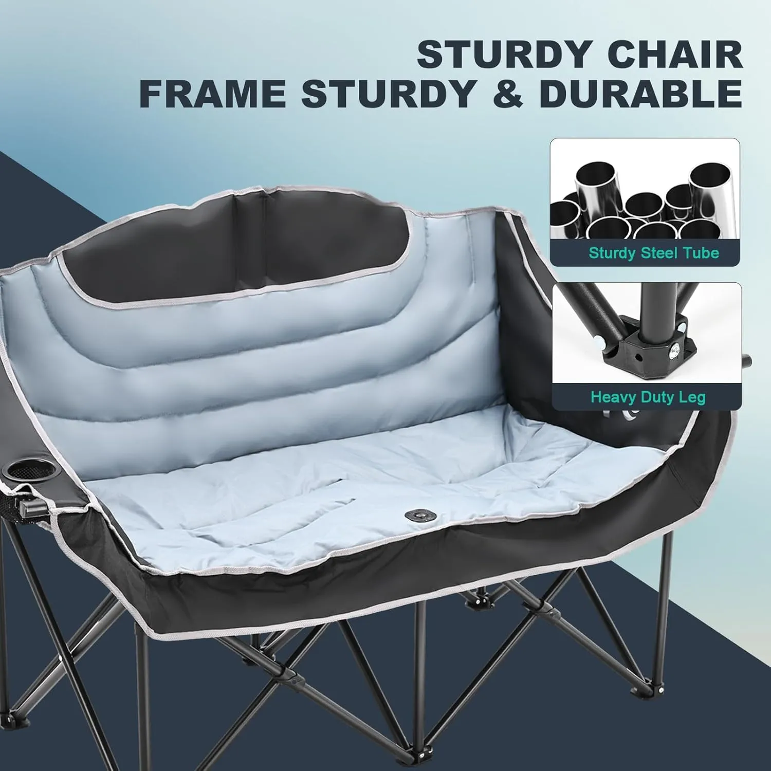 DoCred Double Camping Chair - Oversized Loveseat, 2 Person Camping Chair for Adults Heavy Duty,Two Person Folding Chair with Cup Holder, Supports up to 600 LBS for Outside Picnic Beach Travel