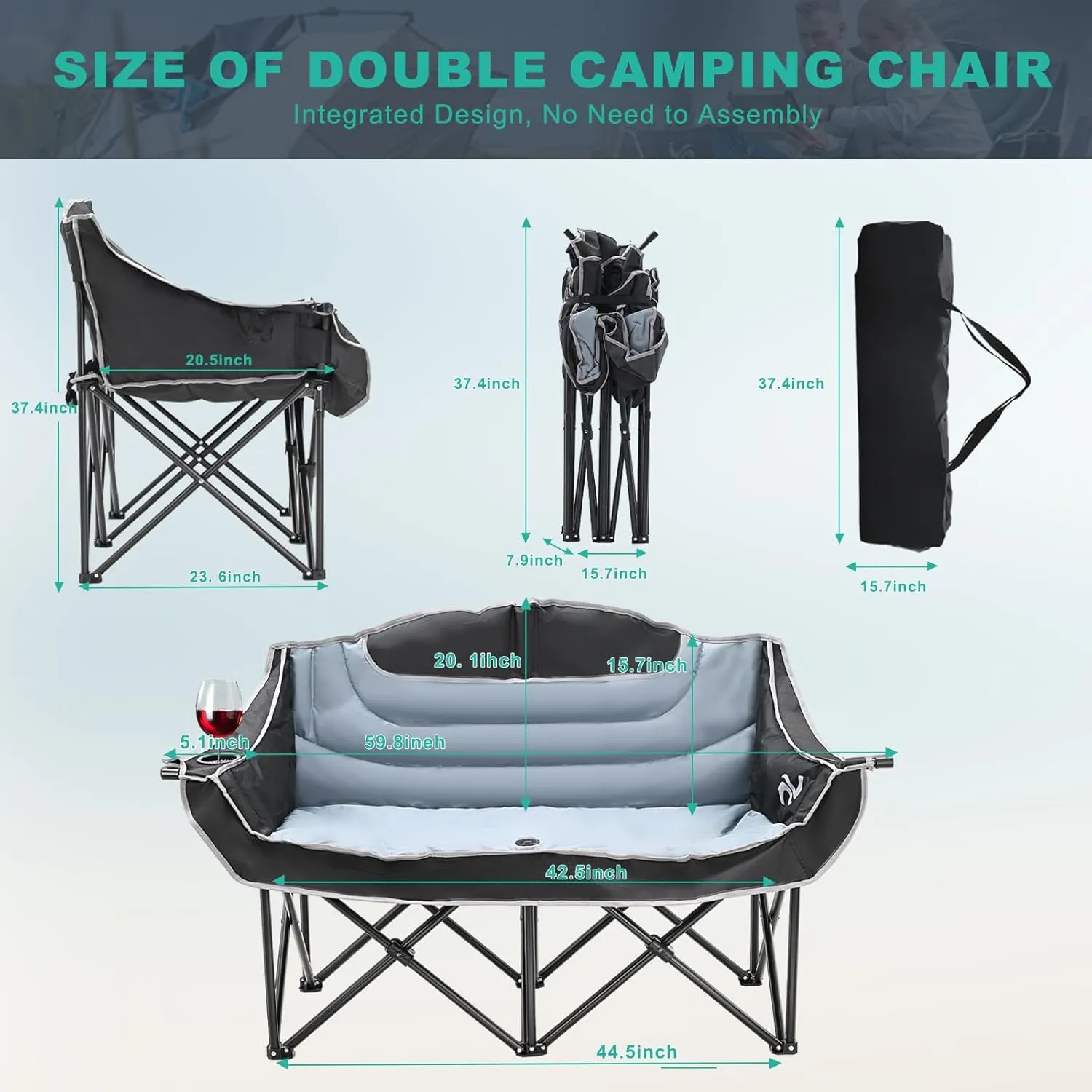 DoCred Double Camping Chair - Oversized Loveseat, 2 Person Camping Chair for Adults Heavy Duty,Two Person Folding Chair with Cup Holder, Supports up to 600 LBS for Outside Picnic Beach Travel