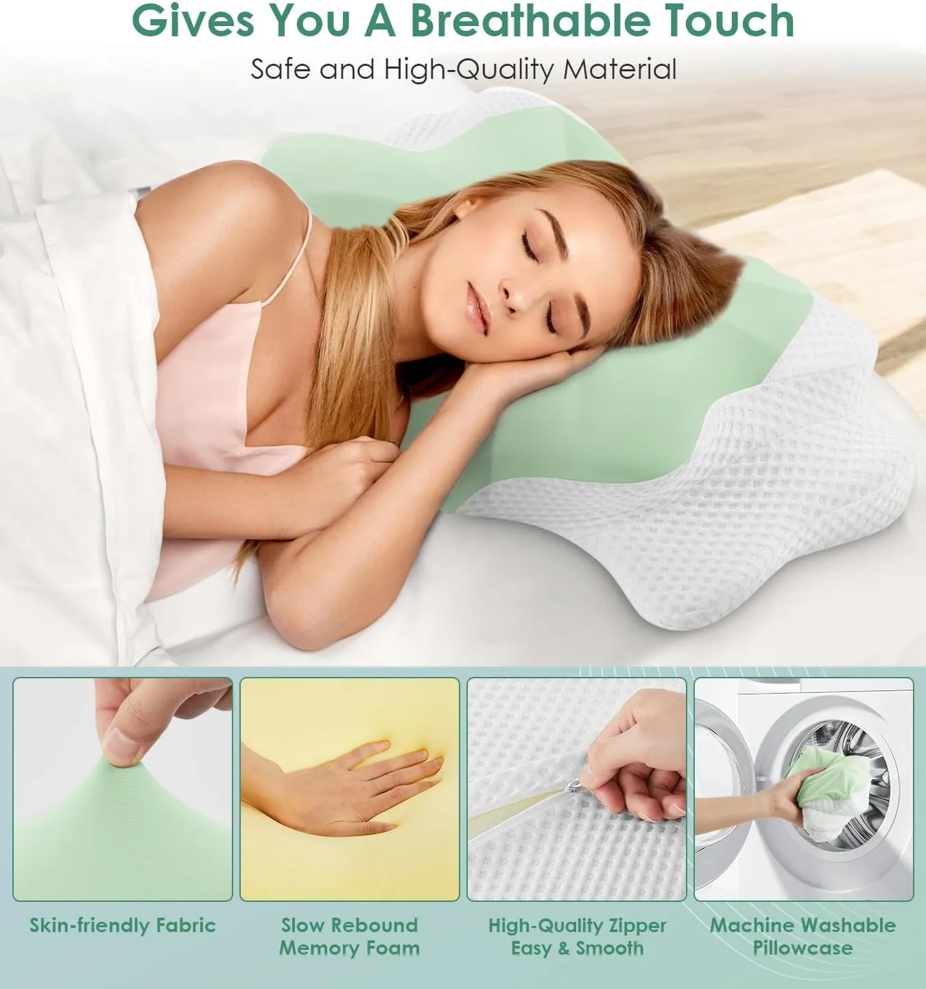 DONAMA Cervical Pillow for Sleeping, Contour Memory Foam Pillow for Neck and Shoulder Support, Ergonomic Neck Pillow for Side Back Stomach Sleepers, Bed Pillows with Cooling Silk Pillowcase