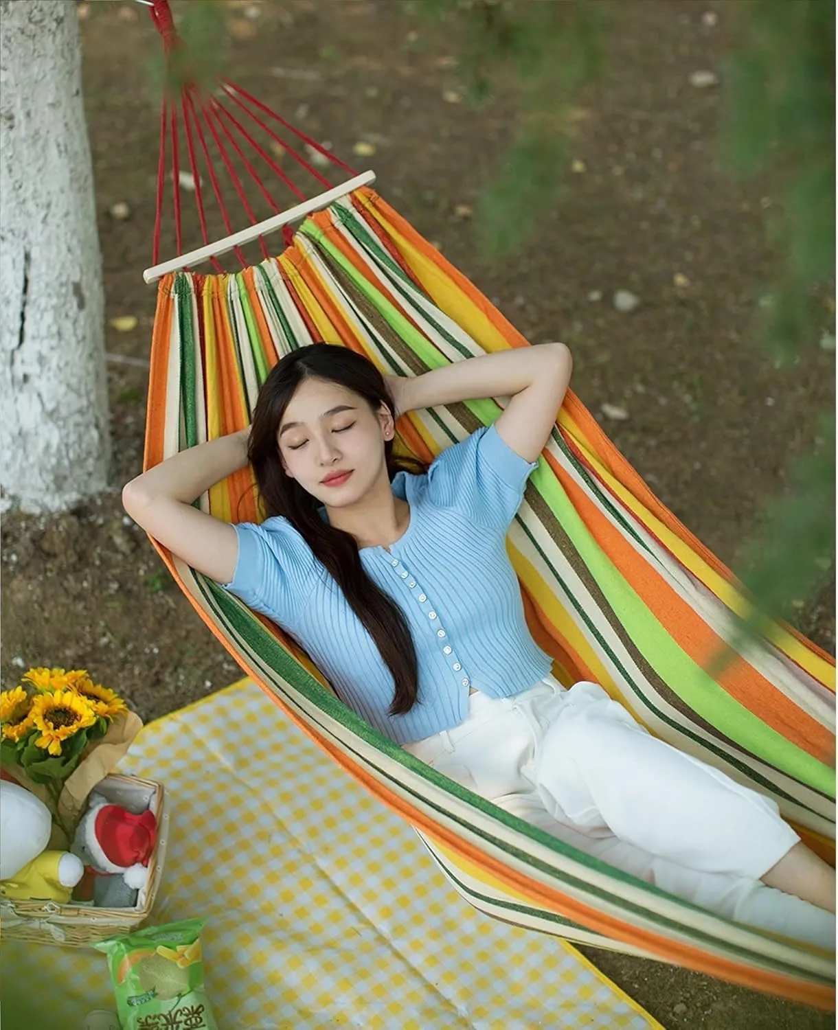 Double Brazilian Hammock 2 Person Canvas Cotton Fabric Hammock with Trees Strap for Patio Garden Balcony Porch Backyard Outdoor and Indoor