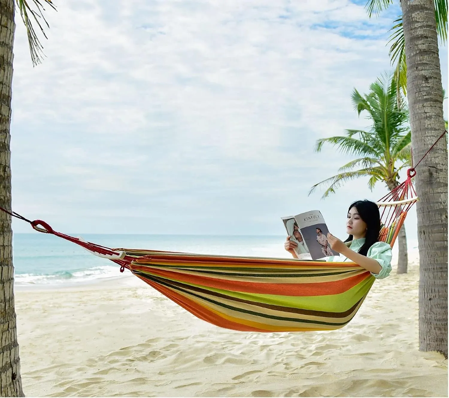 Double Brazilian Hammock 2 Person Canvas Cotton Fabric Hammock with Trees Strap for Patio Garden Balcony Porch Backyard Outdoor and Indoor