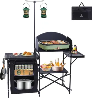 Double Camping Chair, Oversized Camping Loveseat, Padded Folding Loveseat with Wine Glass Holder   Camping Kitchen Station, Camping Table, Picnic Table, Grill Table, Folding Table, Upgrade Light Stand