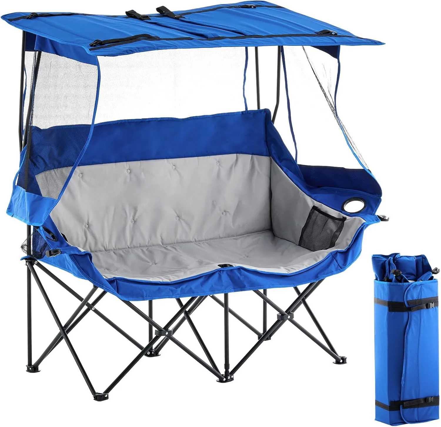 Double Camping Chair with Canopy, Folding Camping Loveseat for Ddults, with Cup Holder Curtain, for BBQ Beach Fishing, Easy Carry Set Up (Blue Grey)