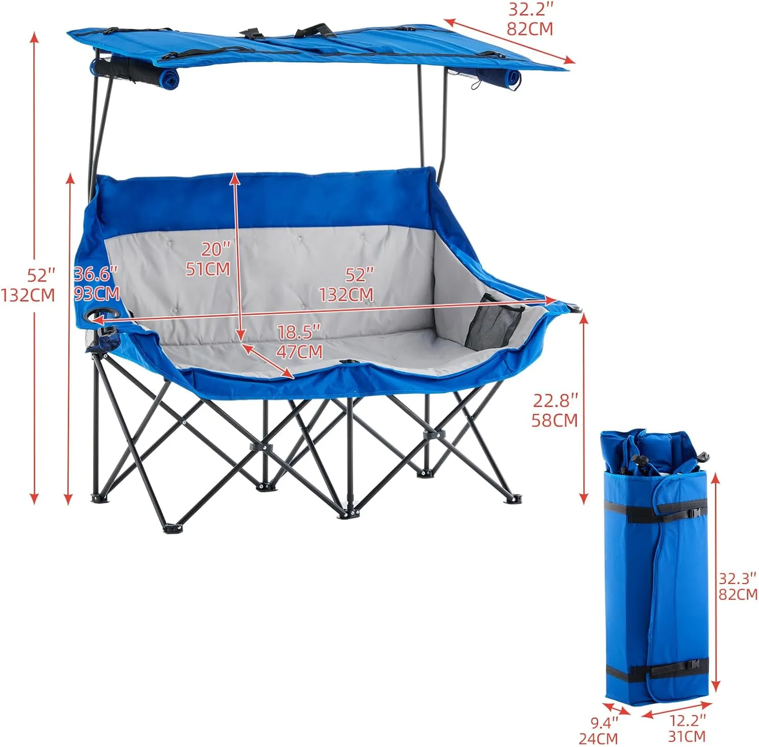 Double Camping Chair with Canopy, Folding Camping Loveseat for Ddults, with Cup Holder Curtain, for BBQ Beach Fishing, Easy Carry Set Up (Blue Grey)
