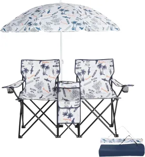 Double Camping Chair with Umbrella, Folding Beach Chair Loveseat Chairs with Canopy Shade and Cooler Bag, Double Rocker Chair Outdoor for Camping, Beach, Picnic, Fishing, Patio Pool Park