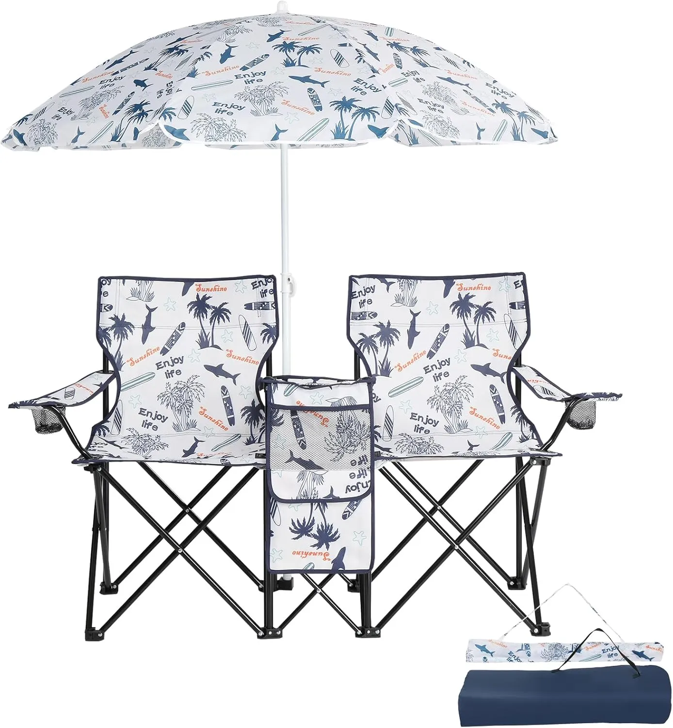 Double Camping Chair with Umbrella, Folding Beach Chair Loveseat Chairs with Canopy Shade and Cooler Bag, Double Rocker Chair Outdoor for Camping, Beach, Picnic, Fishing, Patio Pool Park