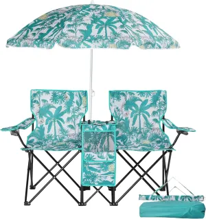 Double Camping Chairs with Umbrella, Portable 2 Seat Folding Camp Chair with Cooler Bag, Beverage Holder, Carrying Bag, Foldable Lawn Chair for Outside, Picnic, Beach,Pineapple