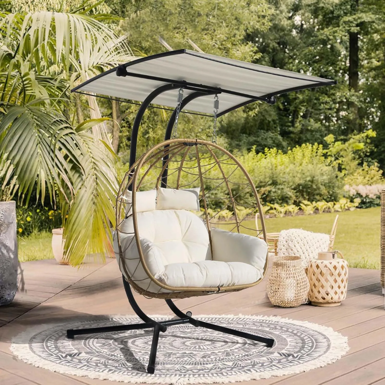 Double Egg Chair wth Stand Hammock Swing Chair Foldable Hanging Loveseat, Outdoor Hammock Egg Chair for Patio, Bedroom, Garden and Balcony (Milky White)