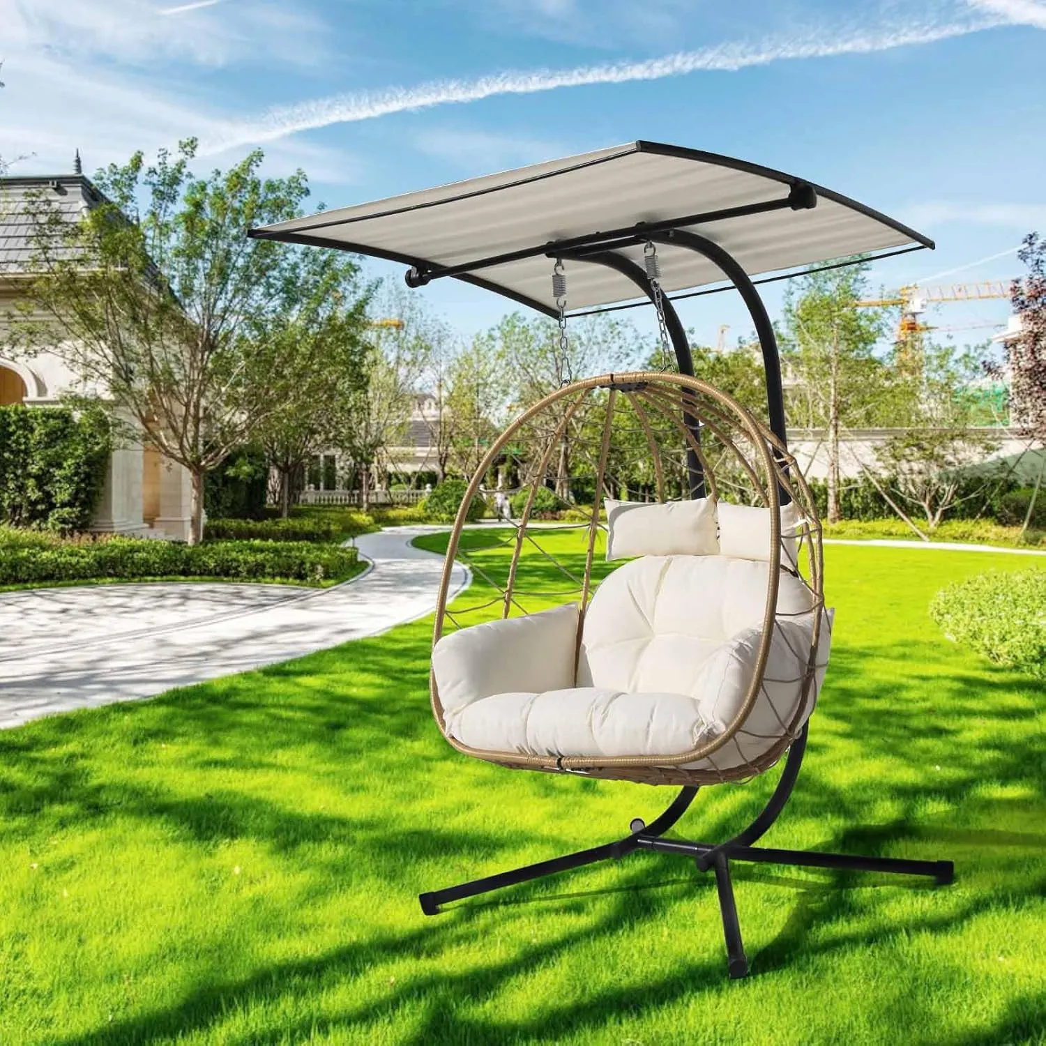 Double Egg Chair wth Stand Hammock Swing Chair Foldable Hanging Loveseat, Outdoor Hammock Egg Chair for Patio, Bedroom, Garden and Balcony (Milky White)