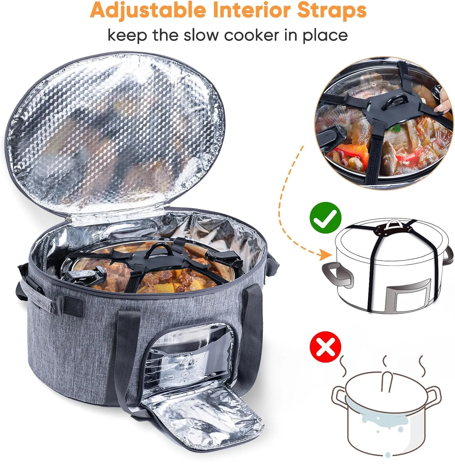 Double-Layer Slow Cooker Carrying Bag for 6-8 Quart CrockPot and Hamlton Beach Slow Cooker, Travel Bag with Lid Fastener for Crock-pot, Portable Carrier Case Slow Cooker Bag with See-thought Window