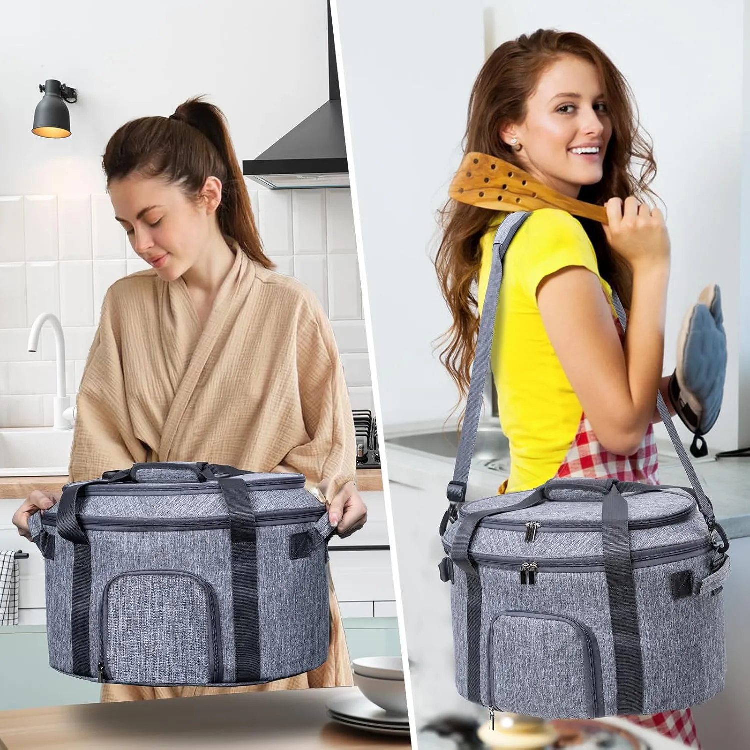 Double-Layer Slow Cooker Carrying Bag for 6-8 Quart CrockPot and Hamlton Beach Slow Cooker, Travel Bag with Lid Fastener for Crock-pot, Portable Carrier Case Slow Cooker Bag with See-thought Window