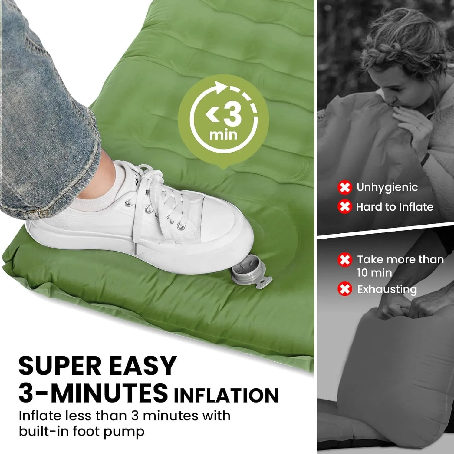 Double Sleeping Pad, 4.7“ Ultra-Thick Camping Mattress 2 Person for Backpacking, Hiking (Green, Full)