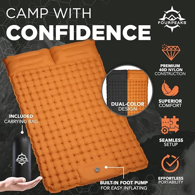 Double Sleeping Pad for Camping - Self Inflating Mattress for 2 Person with Built-in Foot Pump, Pillows & Carrying Bag - Lightweight Mattress for Camping Hiking, Backpacking and More