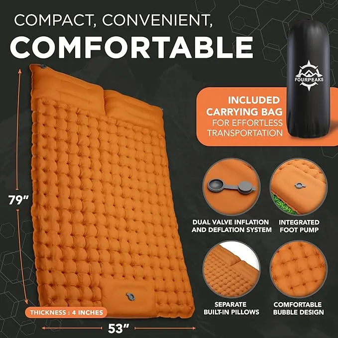 Double Sleeping Pad for Camping - Self Inflating Mattress for 2 Person with Built-in Foot Pump, Pillows & Carrying Bag - Lightweight Mattress for Camping Hiking, Backpacking and More