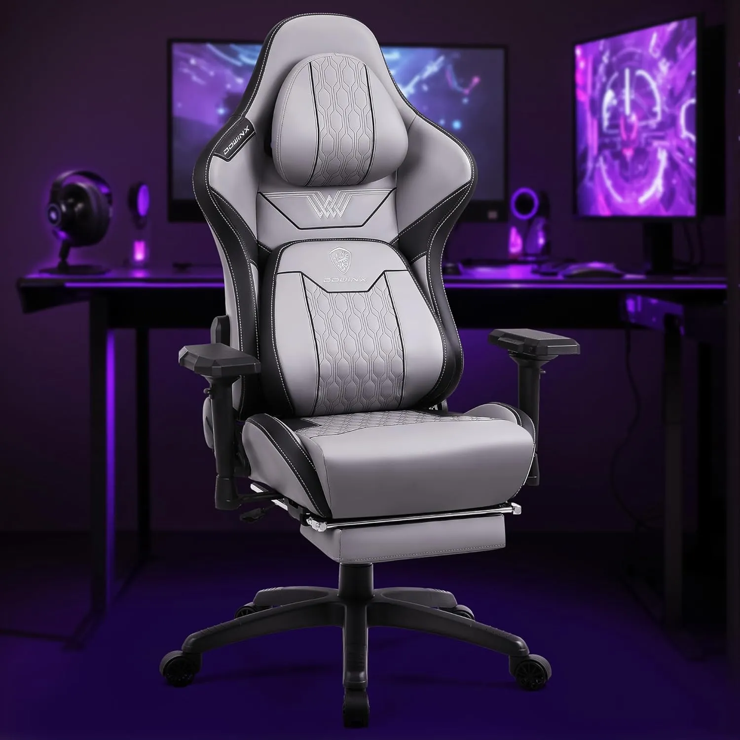Dowinx PU Big and Tall Gaming Chair with Footrest, High Back Ergonomic Office Chair with Comfortable Headrest and Lumbar Support, 4D Armrests Computer Chair for Adults, Gray Black