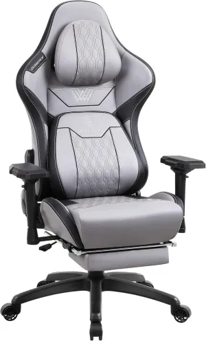 Dowinx PU Big and Tall Gaming Chair with Footrest, High Back Ergonomic Office Chair with Comfortable Headrest and Lumbar Support, 4D Armrests Computer Chair for Adults, Gray Black