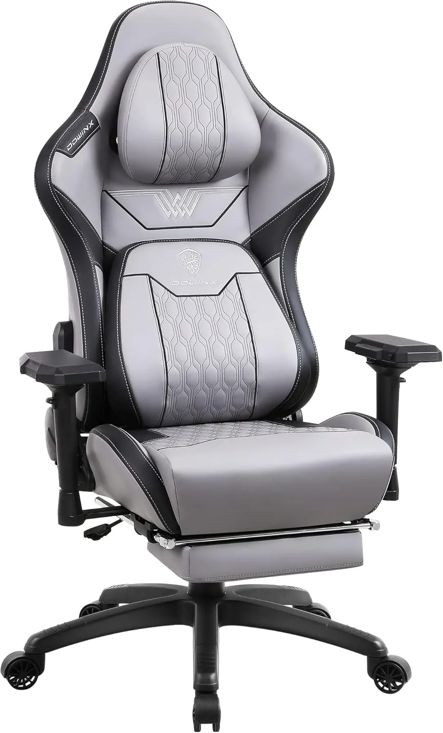 Dowinx PU Big and Tall Gaming Chair with Footrest, High Back Ergonomic Office Chair with Comfortable Headrest and Lumbar Support, 4D Armrests Computer Chair for Adults, Gray Black