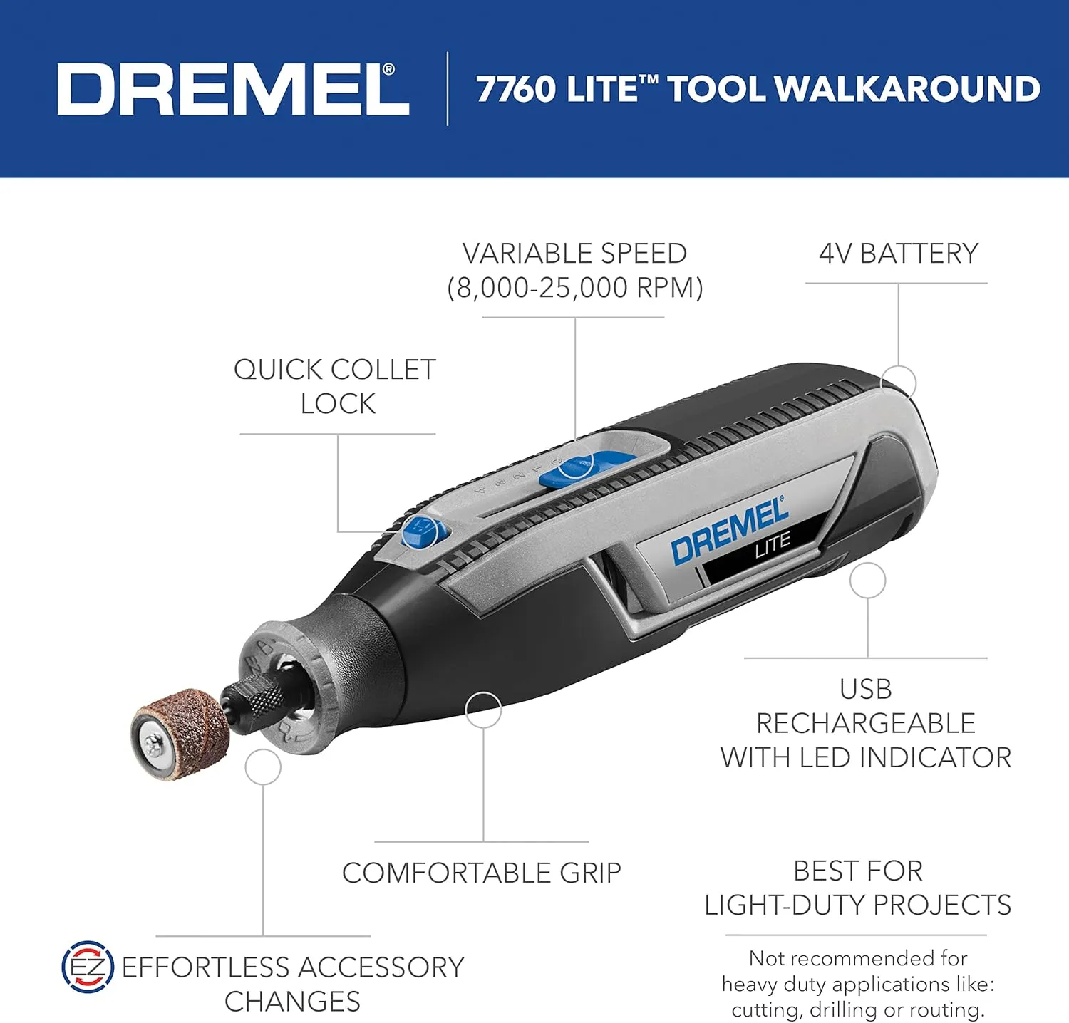 Dremel Lite 7760 N/10 4V Li-Ion Cordless Rotary Tool, Variable Speed Multi-Purpose Kit, USB Charging, Easy Accessory Changes - Perfect For Light-Duty DIY & Crafting, Sanding, Engraving and Polishing