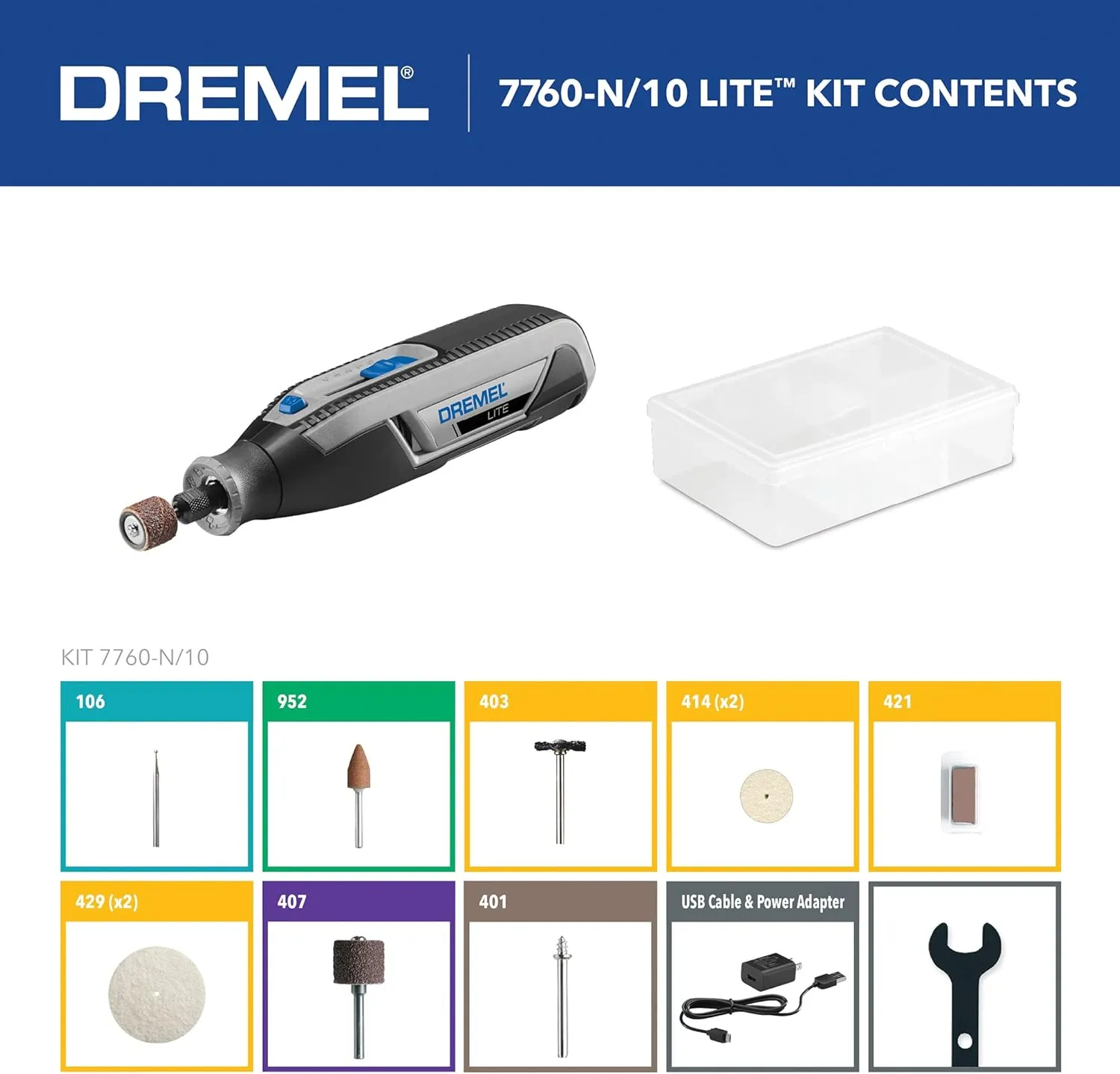 Dremel Lite 7760 N/10 4V Li-Ion Cordless Rotary Tool, Variable Speed Multi-Purpose Kit, USB Charging, Easy Accessory Changes - Perfect For Light-Duty DIY & Crafting, Sanding, Engraving and Polishing