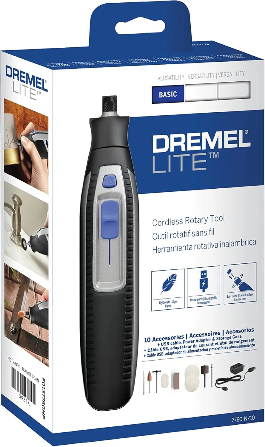 Dremel Lite 7760 N/10 4V Li-Ion Cordless Rotary Tool, Variable Speed Multi-Purpose Kit, USB Charging, Easy Accessory Changes - Perfect For Light-Duty DIY & Crafting, Sanding, Engraving and Polishing