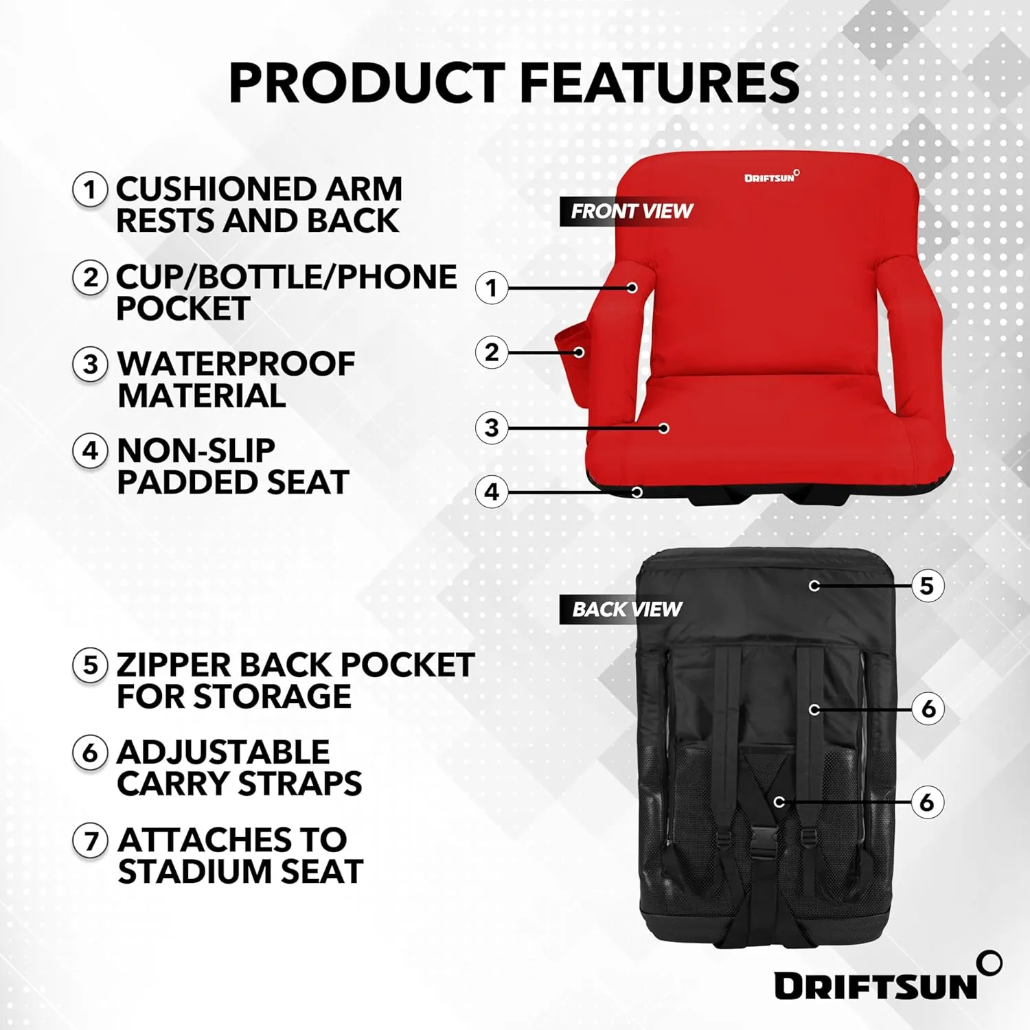 Driftsun Stadium Seats with Back Support, Deluxe Bleacher Chairs with Support Cushion, Padded Seats with Waterproof Chair
