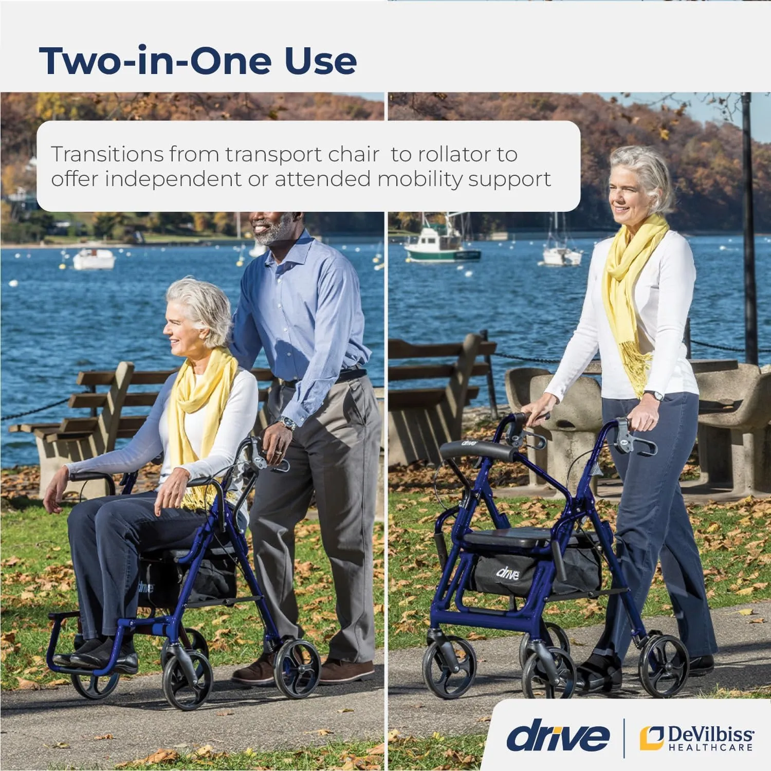 Drive Medical 795B Duet Folding Transport Wheelchair and Rollator Walker, Blue