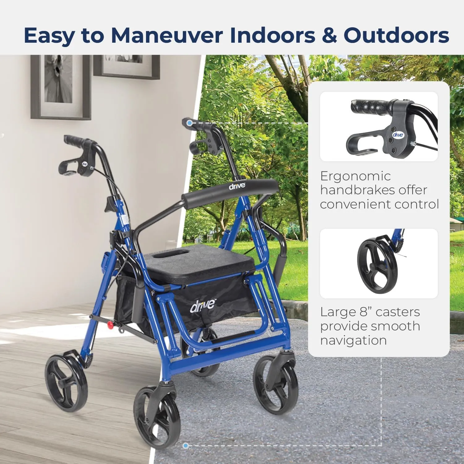 Drive Medical 795B Duet Folding Transport Wheelchair and Rollator Walker, Blue