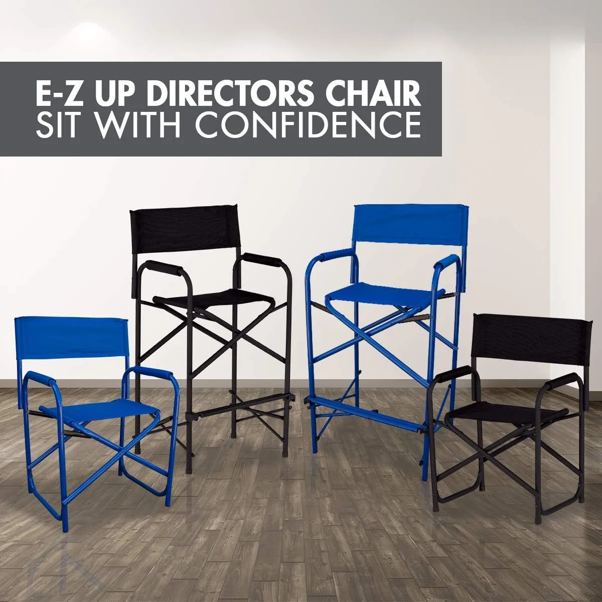 E-Z UP Standard Height Directors Chair, Seat 17.5” High, Padded Armrests and Storage Bag, Black
