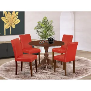 East West Furniture DMAB5-MAH-72 5 Piece Dining Table Set Includes a Round Kitchen Table with Dropleaf and 4 Firebrick Red Faux Leather Parson Dining Room Chairs, 42x42 Inch, Mahogany
