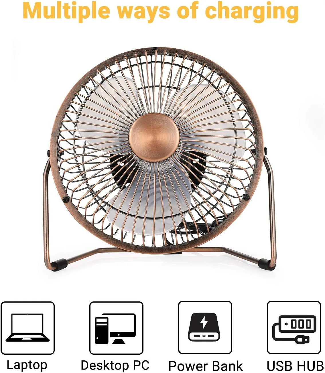 EasyAcc 6 Inch USB Desk Fan, 360°Rotation Small and Quiet,Powerful Portable Strong Airflow,Mini Metal Personal Cooling Fan with 2 Speed for Home Office,Bronze(USB POWERED ONLY)
