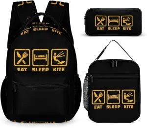 Eat Sleep Kite Repeat 3 Pcs Backpacks Set Combination 16“ Travel Backpack Portable Lunch Bag Pencil Case for Unisex
