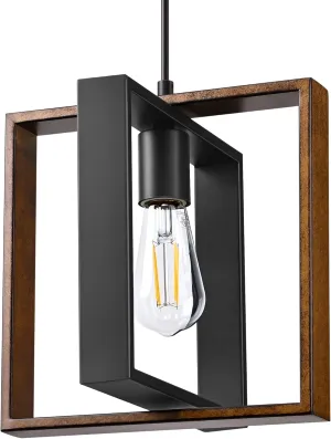 EDISHINE Farmhouse Pendant Light Fixture, Rustic Hanging Light Fixture with Wood Grain and Black Finish, Pendant Lighting for Kitchen Island, Dining Room, Hallway, Adjustable Cord