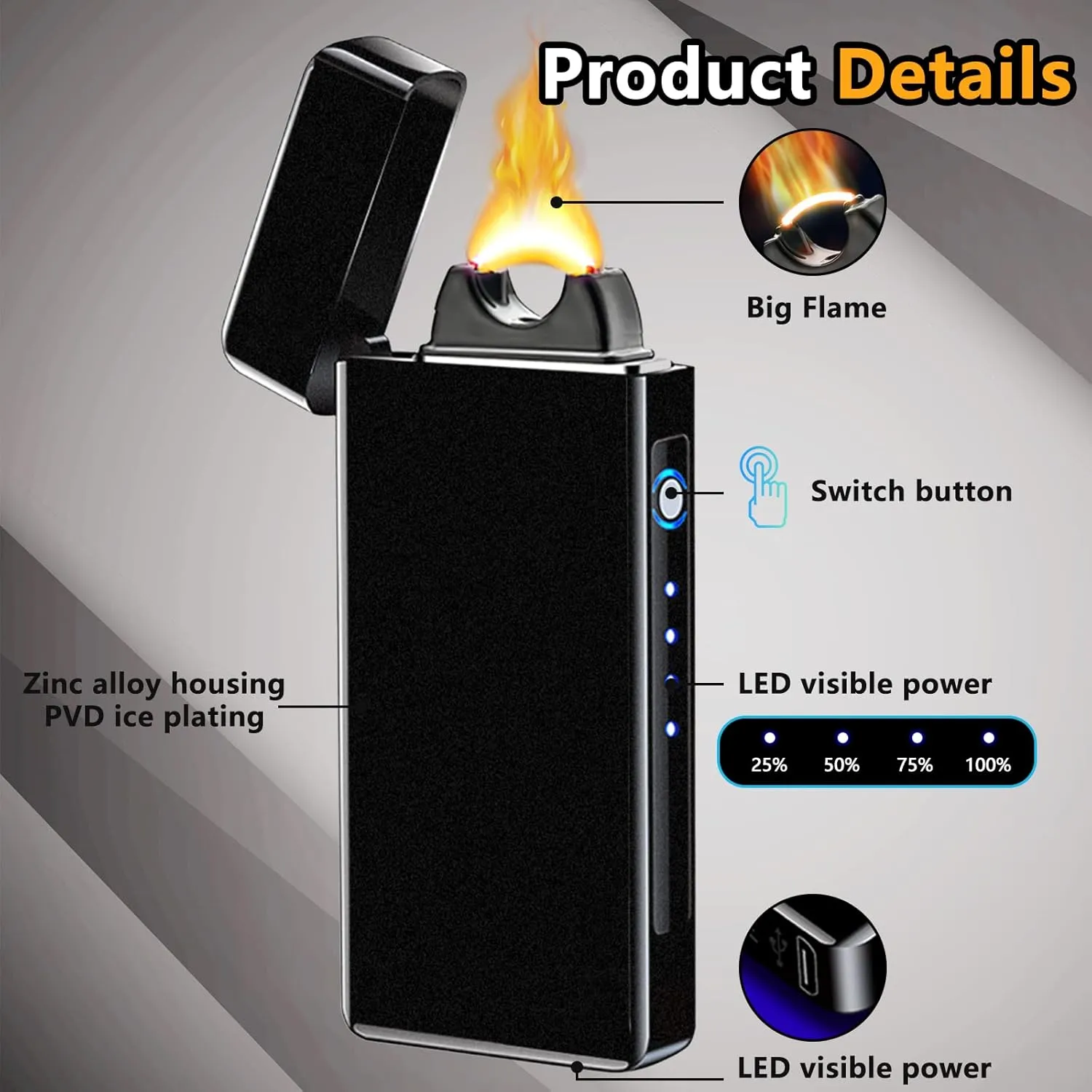 Electric Arc Lighter - Windproof Plasma-Flame Lighter with Battery Indicator (Matte Black)